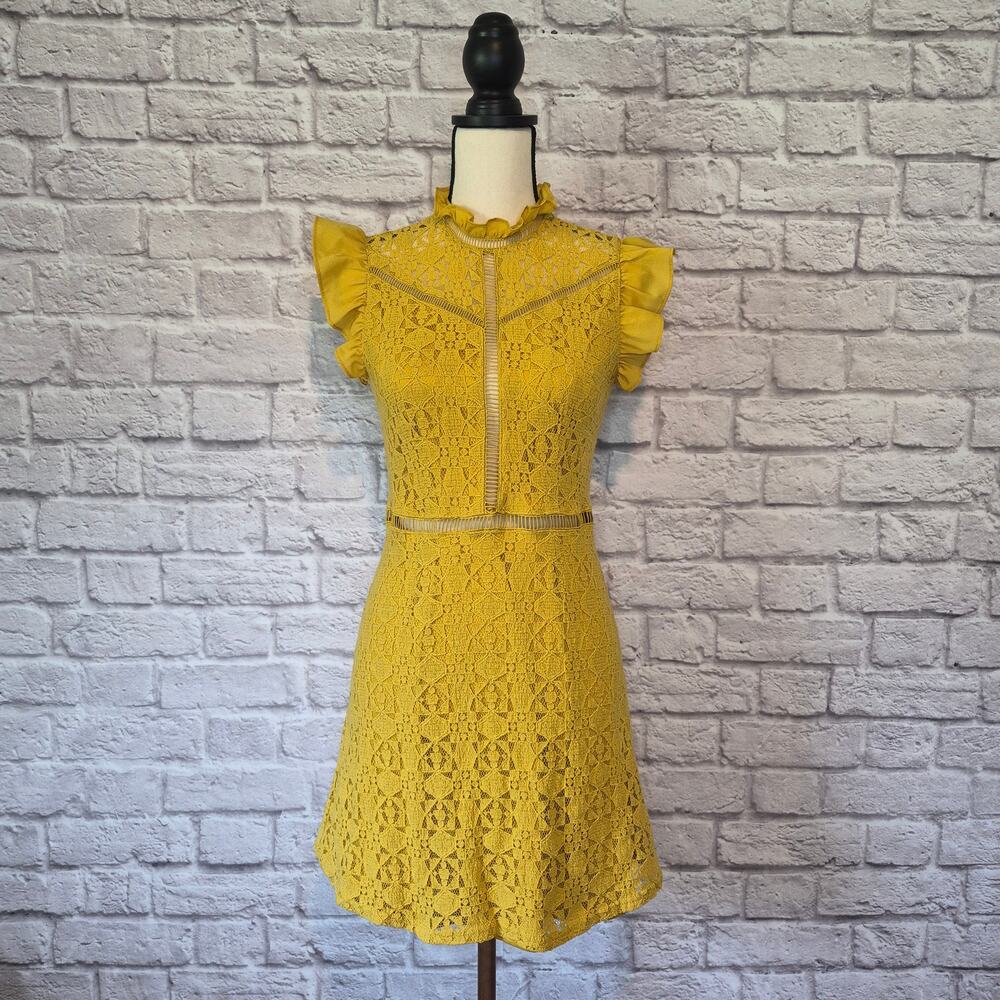 Altar'd State dress mustard yellow lace flutter sleeve high neck mini size S - Picture 2 of 9